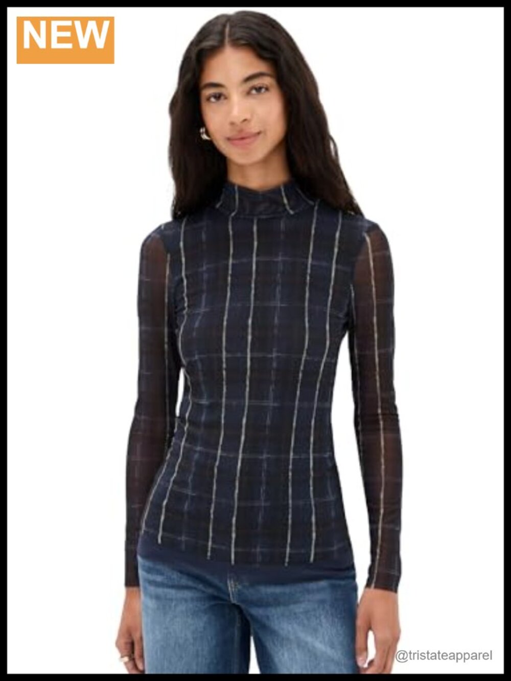 Baum und Pferdgarten Jodi High Neck Fitted Mesh Blouse Navy Check